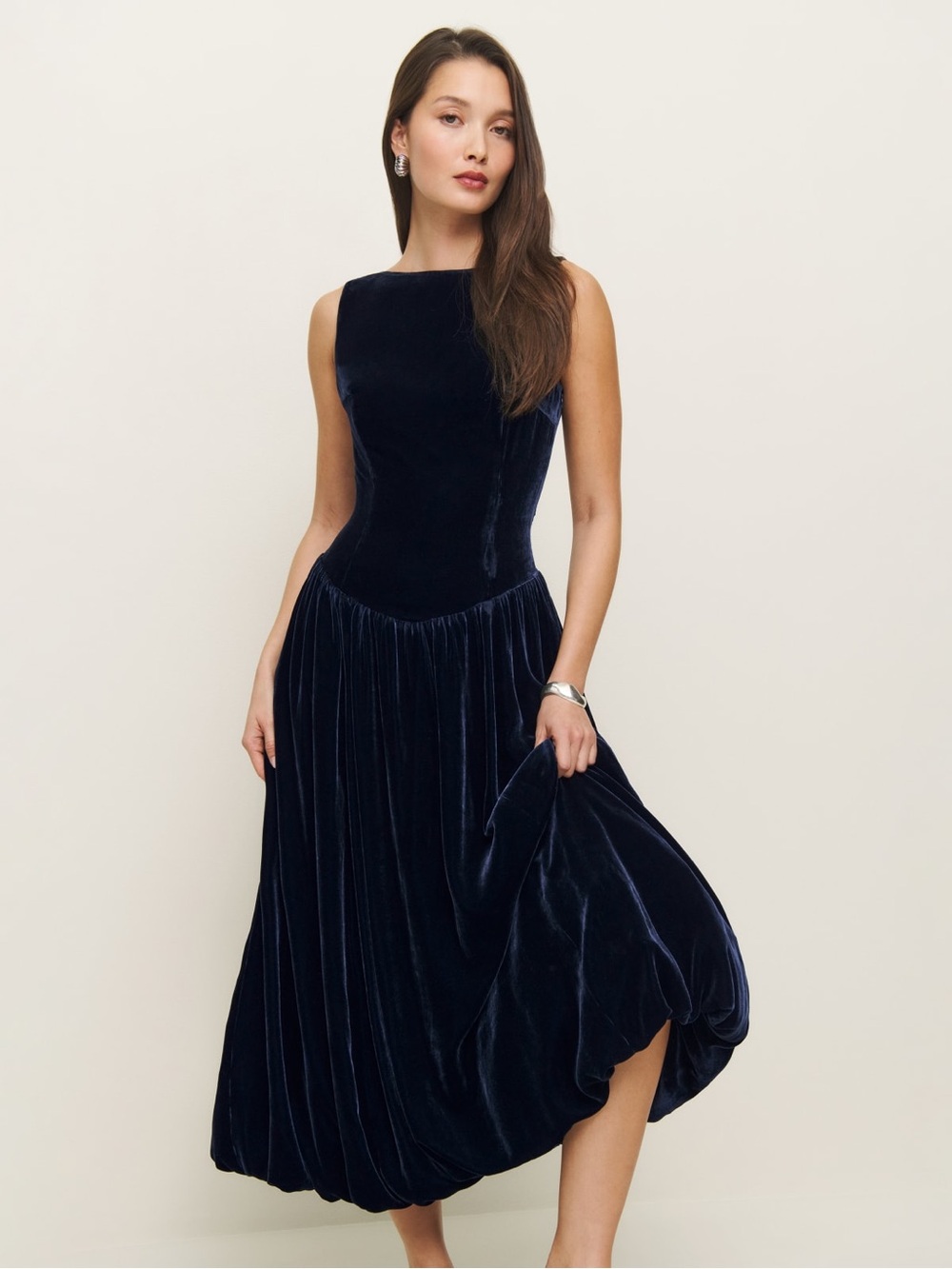 reformation elvira velvet dress in navy
